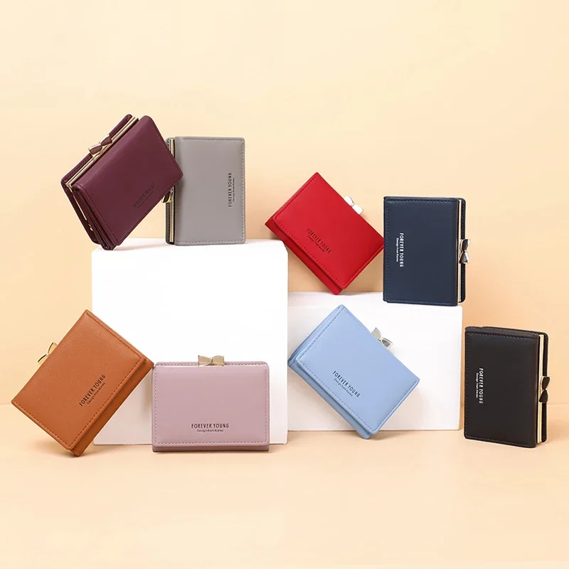 

Bow Hasp Decoration Small Wallets Women's PU Leather Card Holder Purses Ladies Popular New Design Trifold Female Purses Cartera