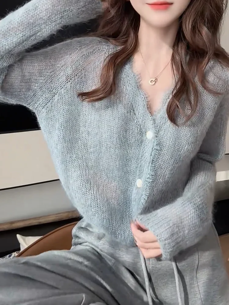 

Корейский теплый вязаный кардиган с V-образным вырезом, осенний, новый, больших размеров, универсальный, антивозрастной топ, женская мода