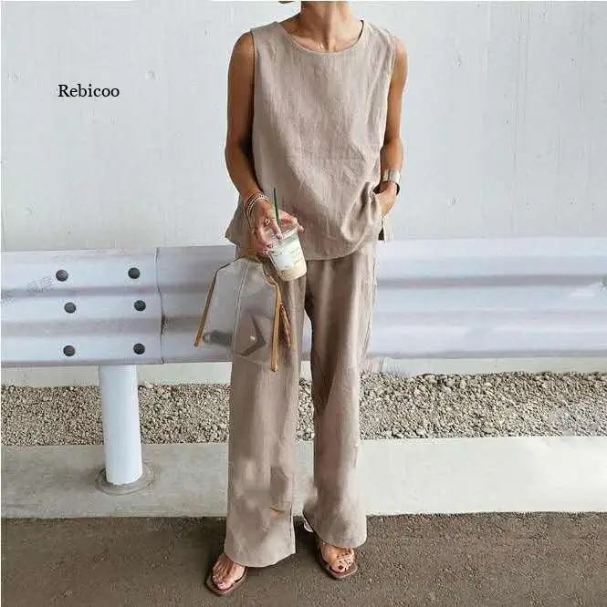 

Two Piece Cotton Linen Women's Pant Suit Sleeveless O Neck Loose Causal Crop Top Straight Pants Female Playsuit One Size 2021