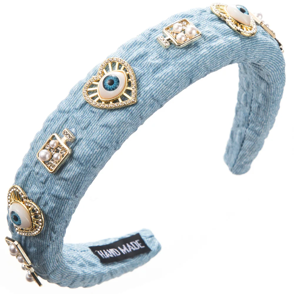 Retro Denim Fabric Devil\'s Eye Headband Female Alloy Heart Shape with Diamond Pearl Hair Accessories