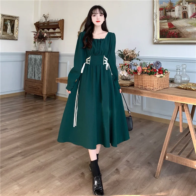 

Green Square Neck Dresses For Women's Fashion Autumn 2024 New Slim Strap Long Luxury Party Vestidos Y2k Female Long Sleeve Dress