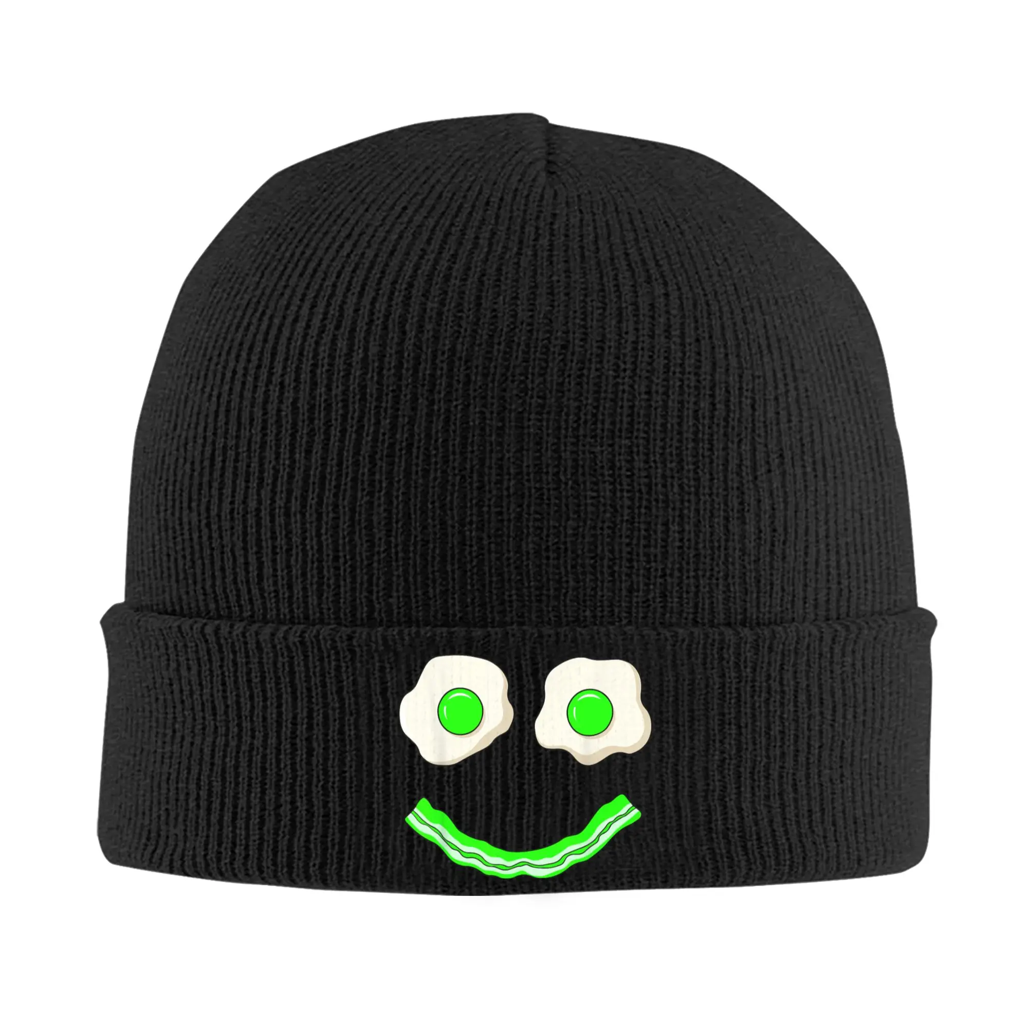 Green Smile Face Eggs and Bacon Ham Breakfast St Patrick's Knitting Hat Beanie Hats Outdoor Thermal Elastic Adult Bonnet Hats