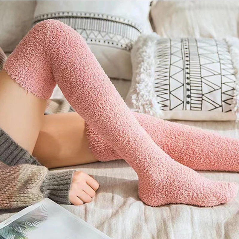 Urgot Brand Winter Warm Thigh High Stockings Women Coral Fleece Soft Fluffy Knee Socks Candy Color Female Long Stockings