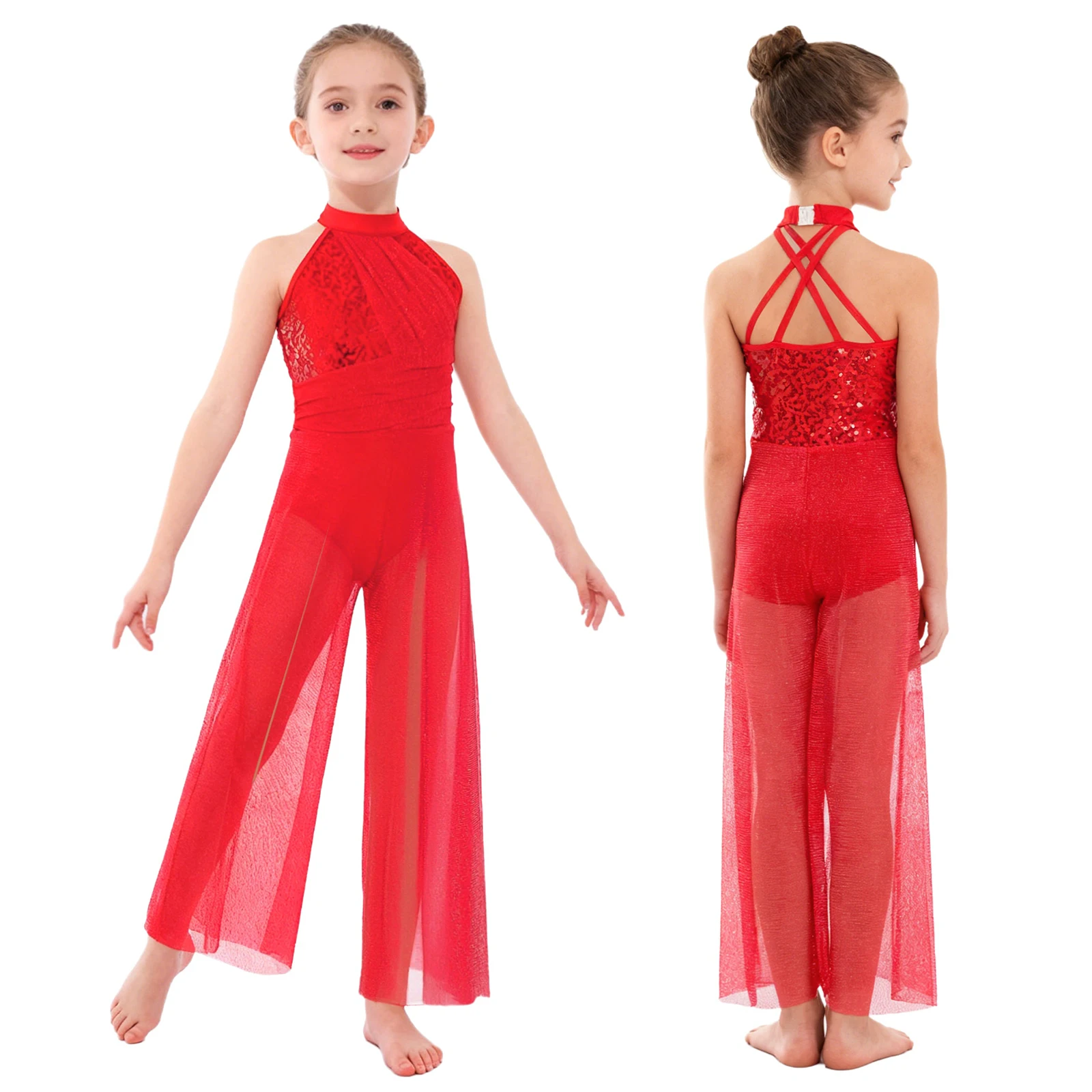 Children Girls Shiny Sheer Mesh Modern Lyrical Dance Jumpsuit Skating Gymnastics Acrobatics Ballet Bodysuit Built-in Briefs