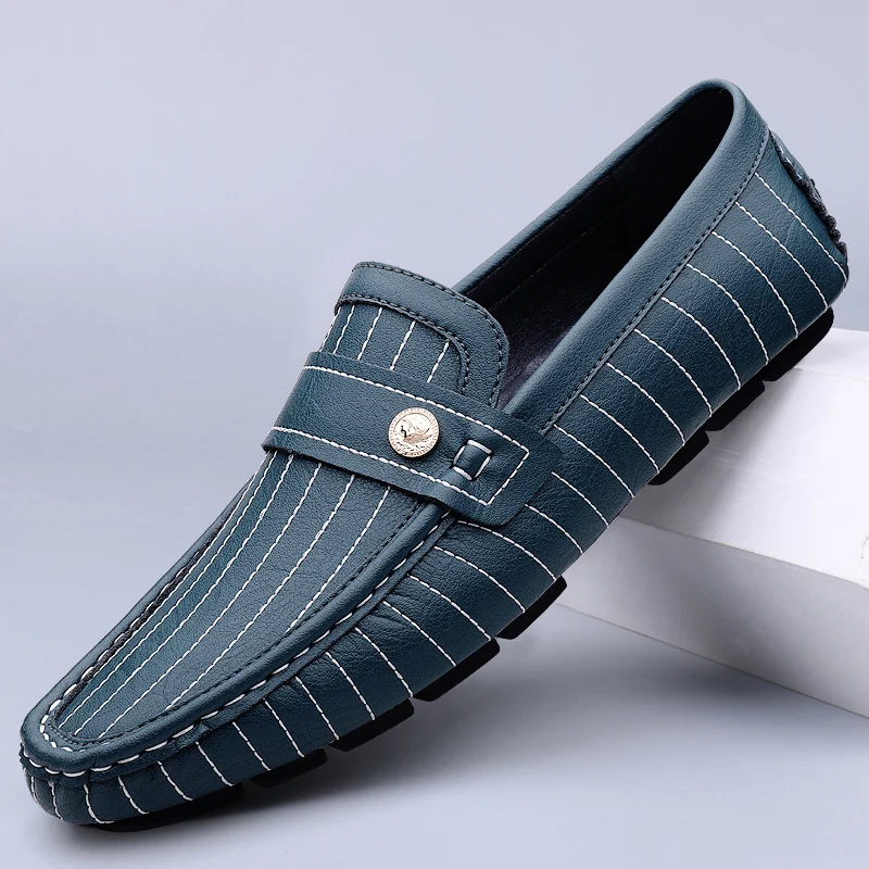 

2024 Spring New Men Loafers Fashion Striped Leather Shoes Comfortable Urban Casual Shoes Men Convenient Slip on Walking Shoes