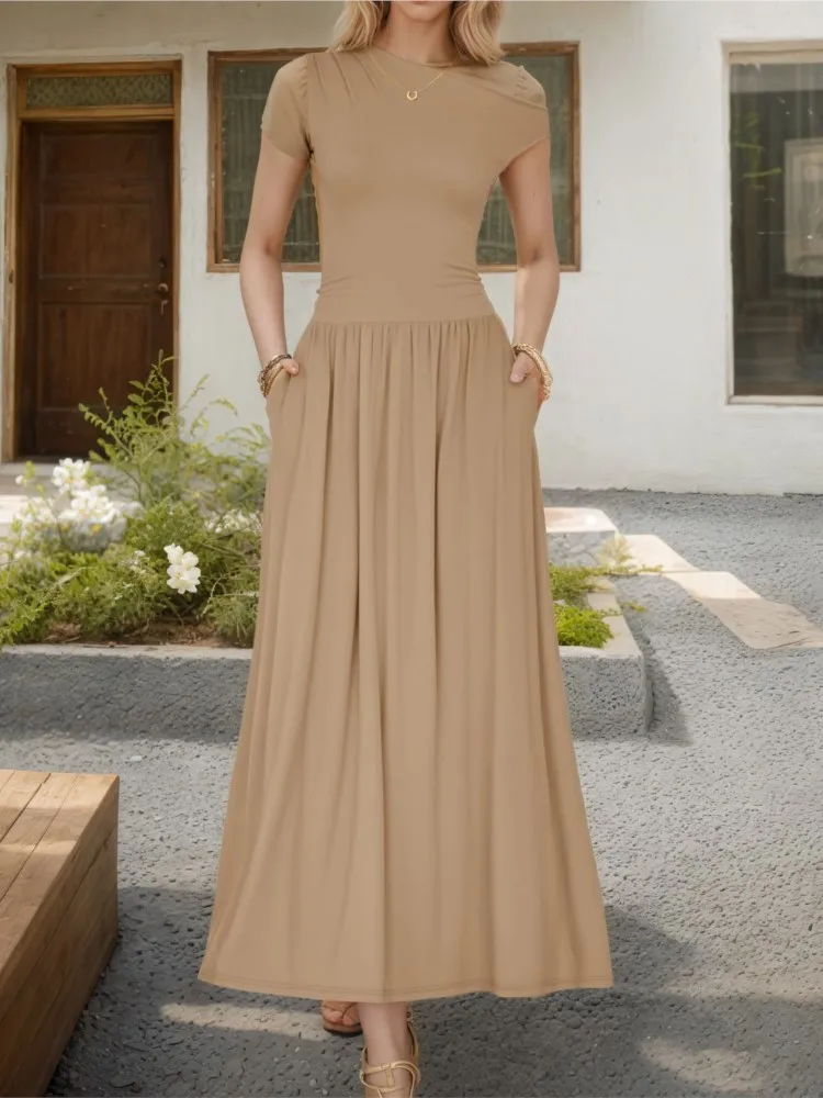 

Summer Personality Street Slanted Shoulder Pocket Dress New Solid Color Temperament Slim Comfortable Sleeveless Long Skirt