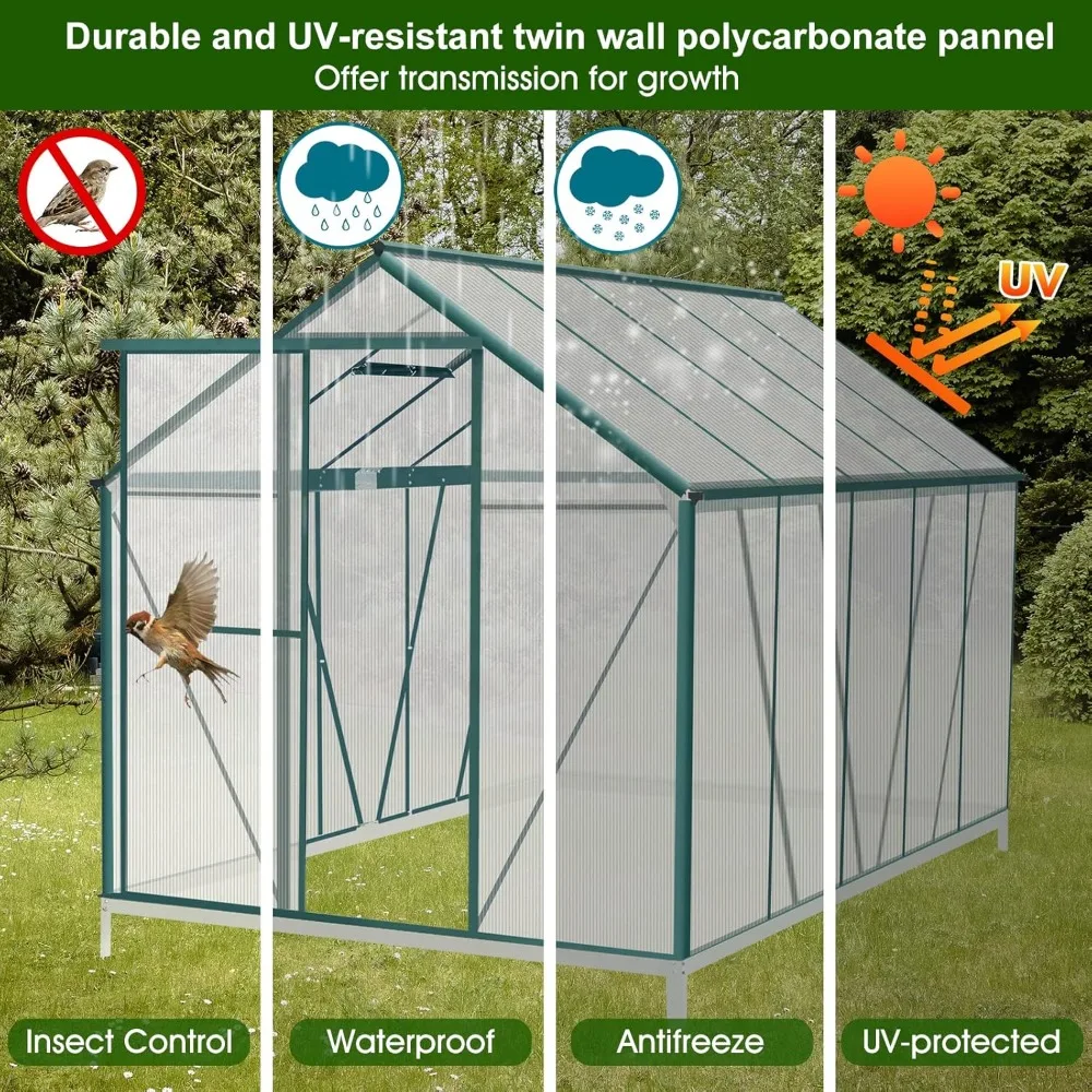 Heavy-Duty Greenhouse with Polycarbonate Panels, Sliding Door, Hinged Roof Vents, and Rain Gutters for Year-Round Outdoor Use