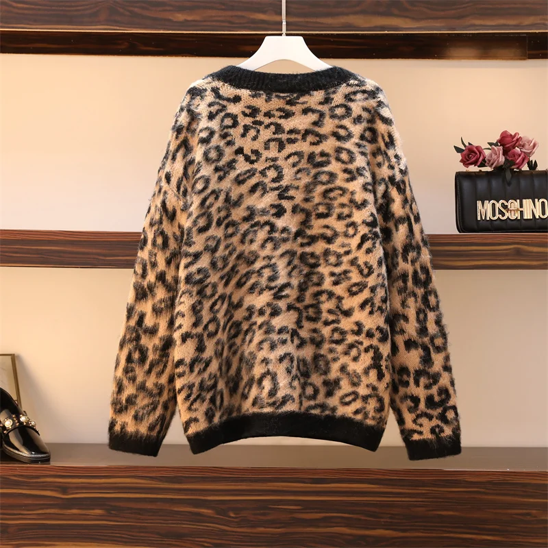 Leopard Knitted Loose Cardigan Sweater For Women 2022 Autumn Winter V-neck Long Sleeve Tops Coats Vintage Fashion Ladies Jumpers