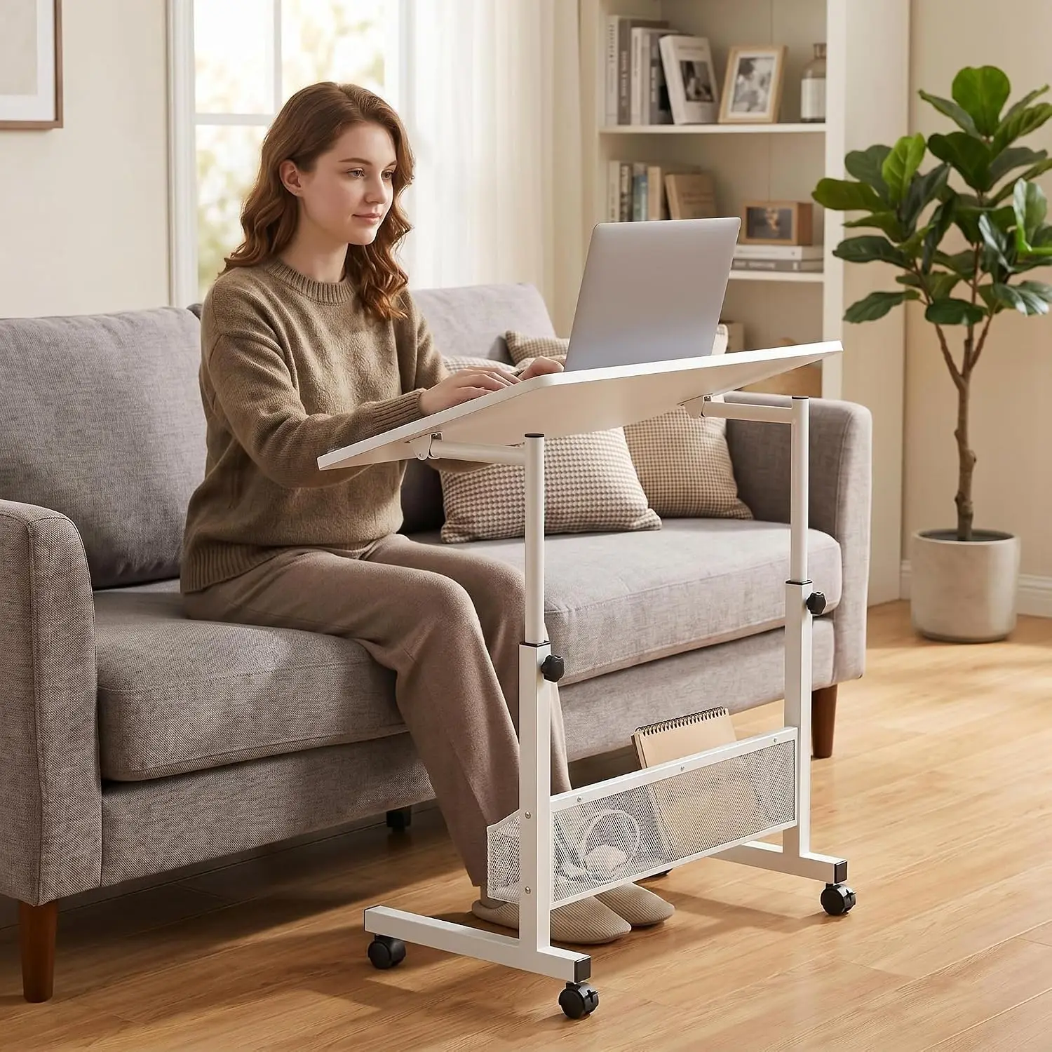 Adjustable Height Standing Desk With Wheels, Mobile Rolling Laptop Computer Desk With Storage Shelves For Home Office