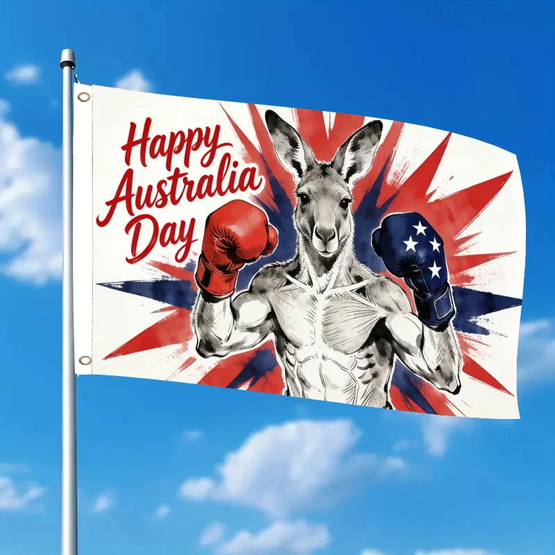 Happy Australia Day Muscular Kangaroo Boxing Gloves | Red Blue 2D Flat Polyester Flag Single-Sided with Two Hole Ring Outdoor