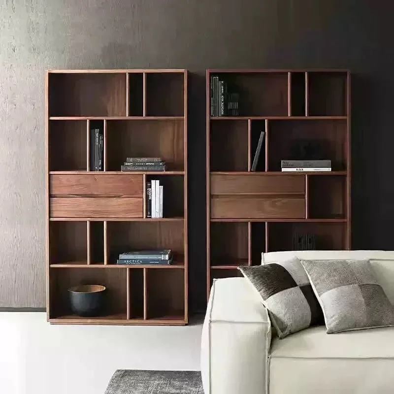 Walnut, floor-to-ceiling bookcase, modern simple integrated wall display cabinet