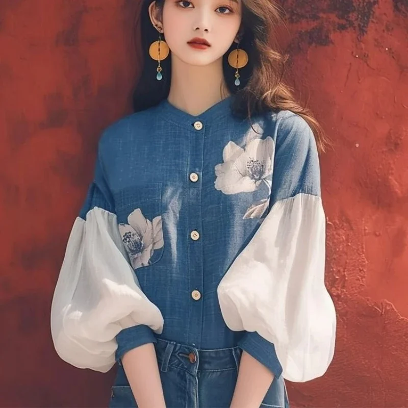 Vintage Women\'s Shirts Spring/summer New Chiffon Print Women Blouses Loose Long Sleeve Top Patchwork Korean Clothing Sales