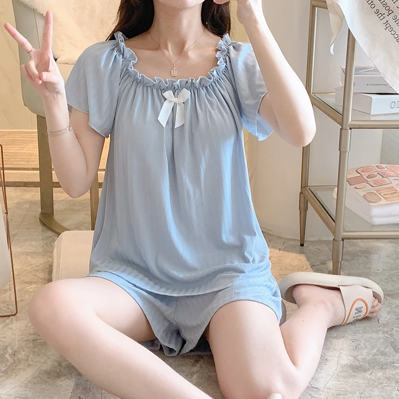 Sexy Sling Silk Women's Bowknot Pyjamas Set Sleeveless Sweet Grils Cute Pijamas Leisure Short Sleeves Short Pants Soft Sleepwear