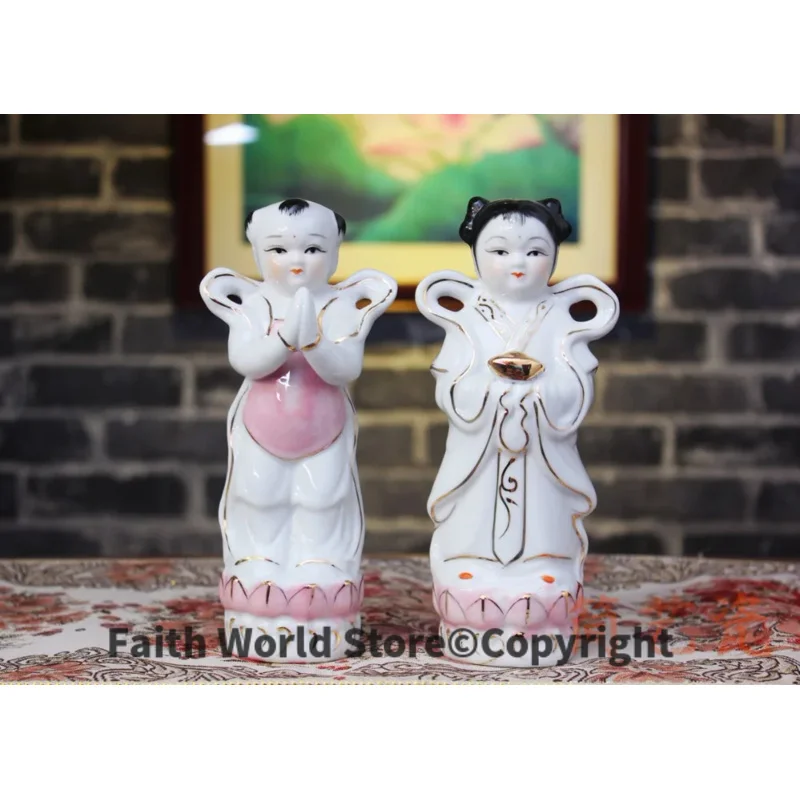 A pair-Wholesale Buddha figure HOME SHOP Temple Propitious FENG SHUI GUANYIN TONGZI maidens JIN TONG YU NV color Ceramic statue