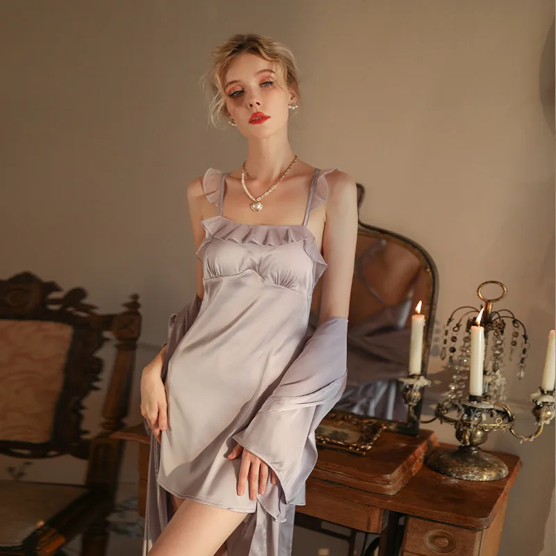 

New nightdress pajamas romantic ruffle edge ice silk halter dress pure desire temptation home nightgown set