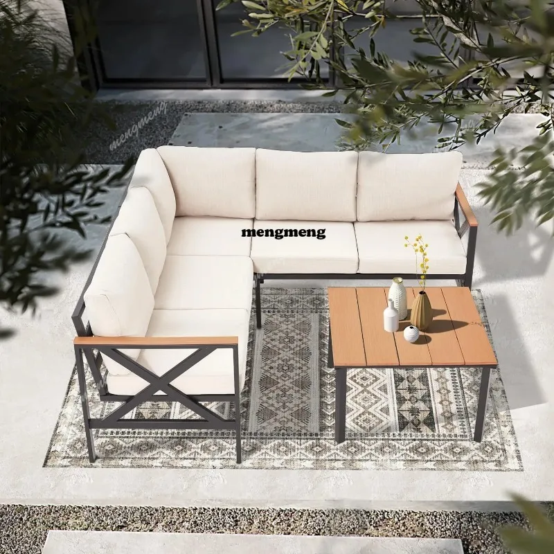 

6 Pieces Patio Furniture Sets, L-Shaped Patio Conversation Sets Metal Outdoor Sectional Sofa with Fauxwood Coffee, Customized