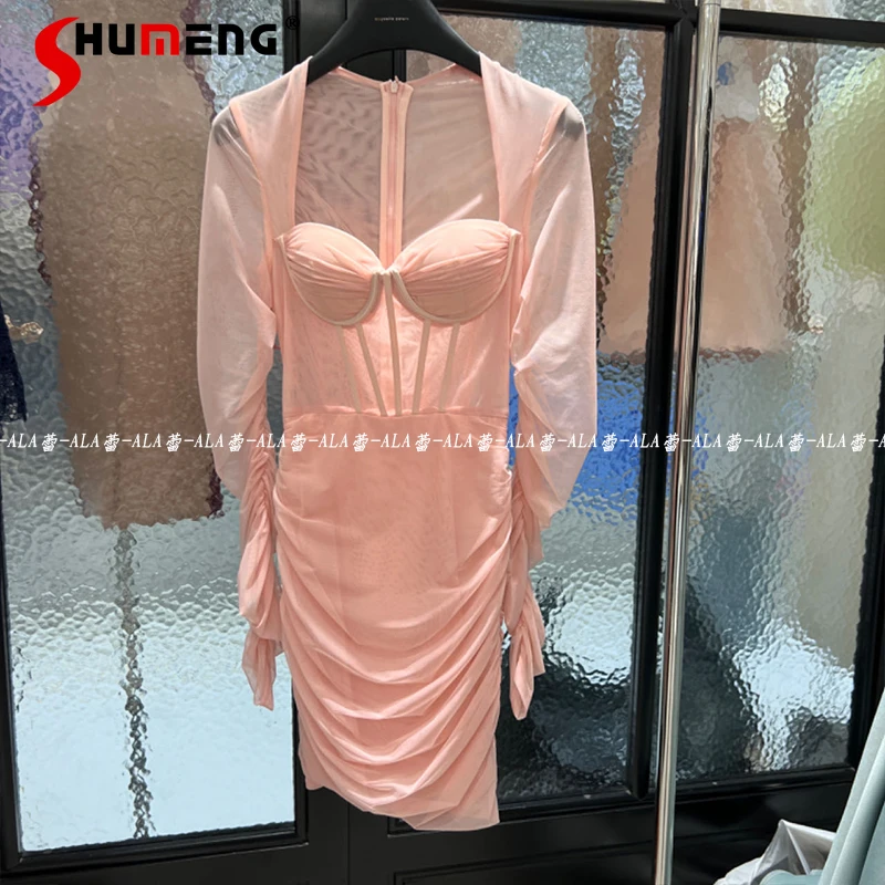 

French Style 2024 New Fashionable Party Sweet And Cute Mesh See-through Fishbone Ruffle Hip Dress Slimming Vestidos Femininos