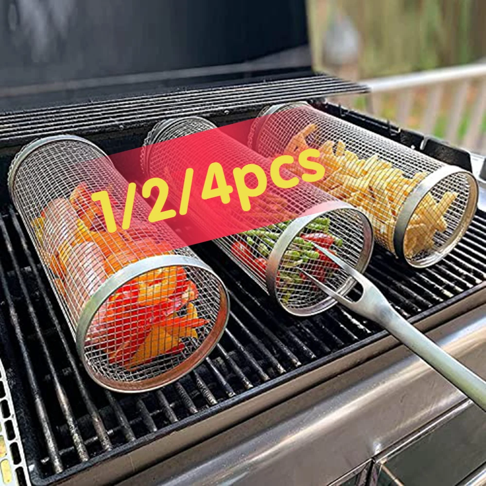 1-4pcs Rolling Grilling Basket Stainless Steel BBQ Grill Basket Mesh Portable Outdoor Camping Barbecue Rack kitchen accessories