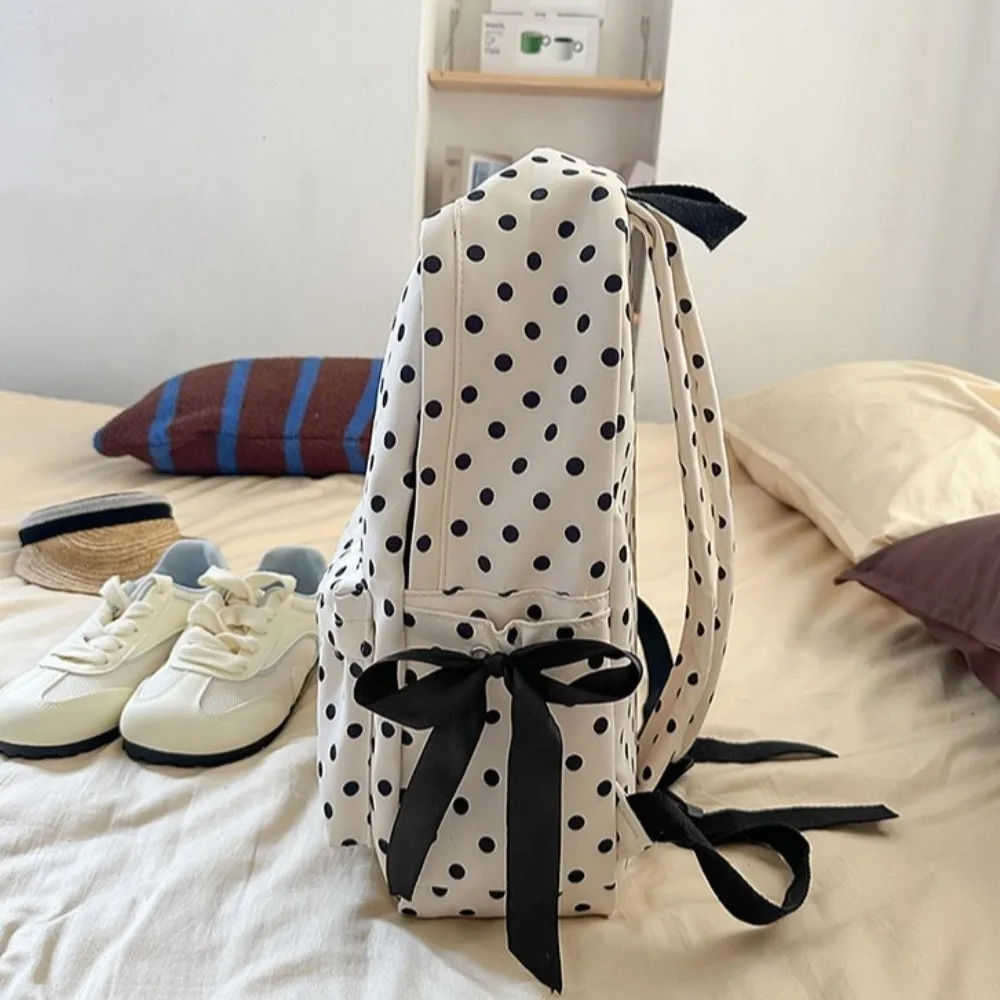 French Style Polka Dot Backpack Bow Ribbon Design Lightweight Construction Bow Ribbon Backpack Polka Dot Pattern Cute Appearance