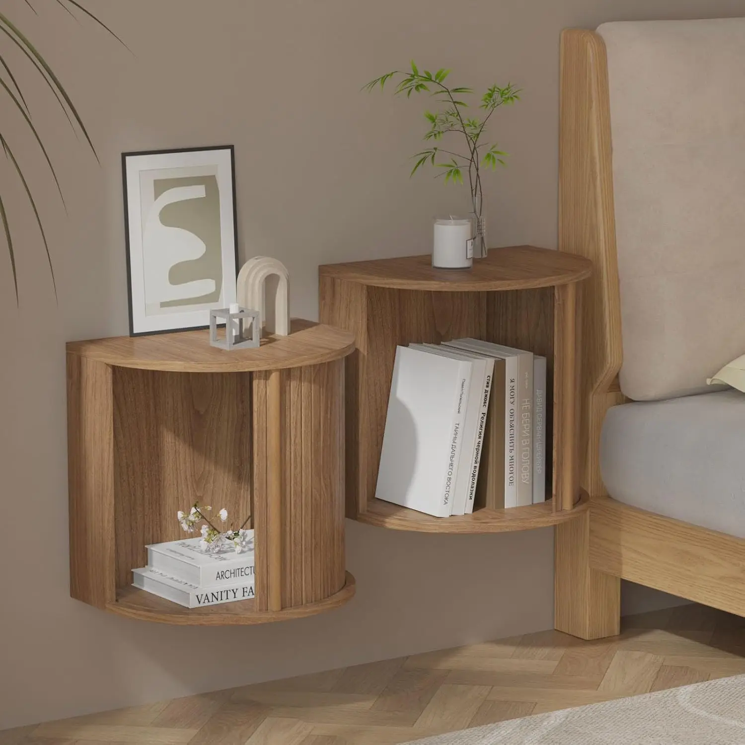 Floating Nightstand Set of 2 with Sliding Door Storage,Wall Mounted,Walnut
