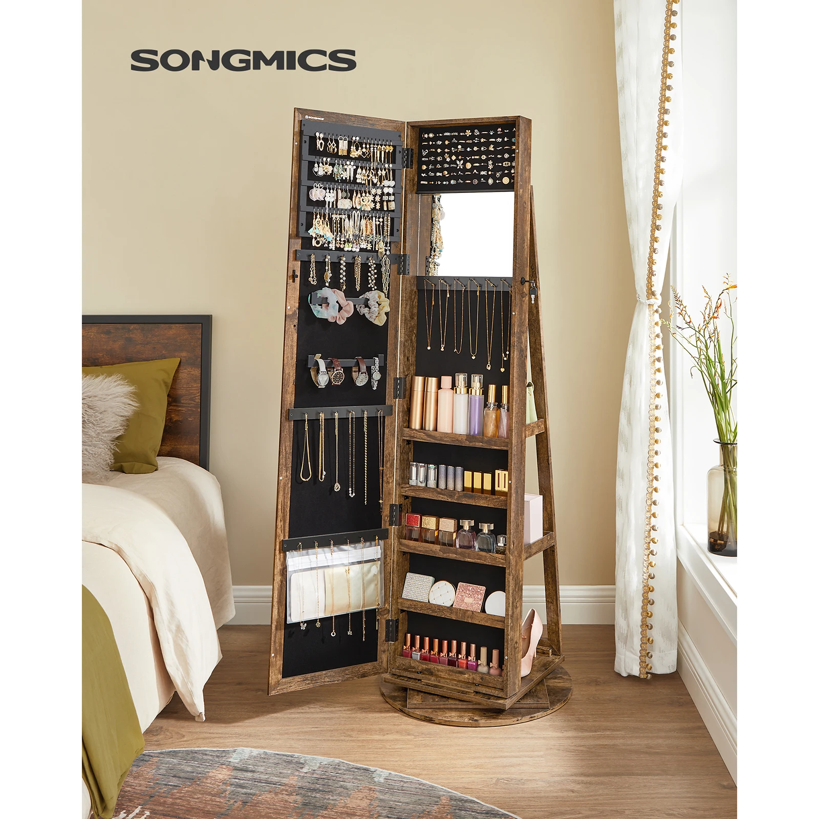 SONGMICS Freestanding Jewellery Cabinet, Full-Length Mirror, 360° Swivel, Storage Shelf, Lockable, Bedroom Organizer