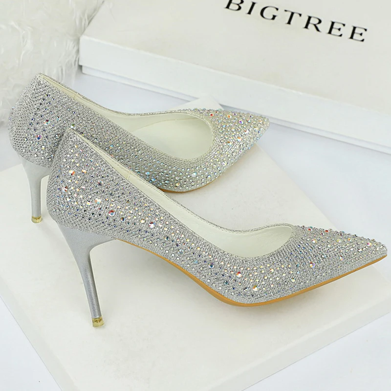 حجم كبير 43 النساء مضخات موضة أحذية الزفاف حجر الراين بريق العروس عالية الكعب خنجر 7 سنتيمتر 10 سنتيمتر الفاخرة مضخات أحذية الحفلات #4