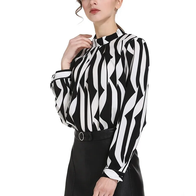 Fashion O-neck Blouse Spring New White Black Striped Long Sleeve Chiffon Shirt Elegant Office Lady Work Wear Tops Blusas 0941 60