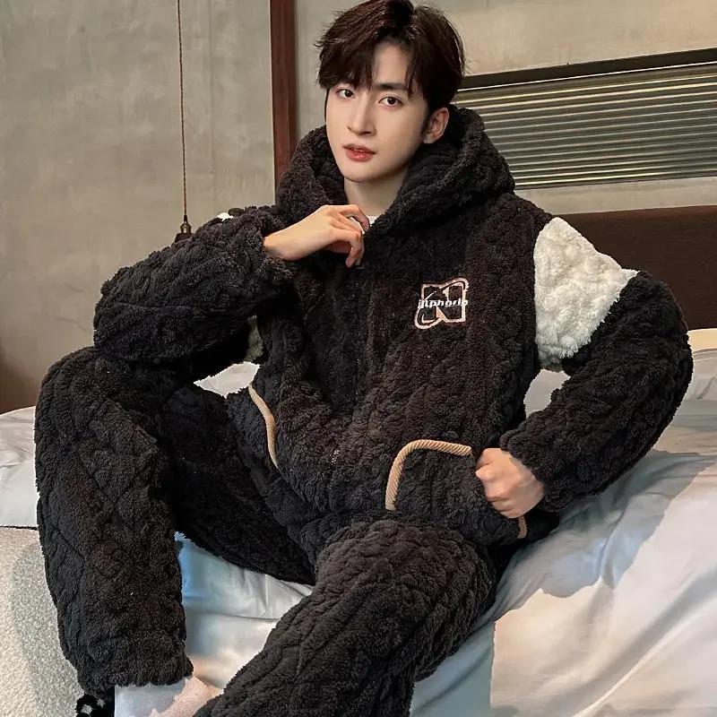 Youth Coral Velvet Pajamas Men Winter Thick Plush Loungewear Set 3-layer Cotton Sleepwear Jacket Flannel Warm Male HomeWear Suit