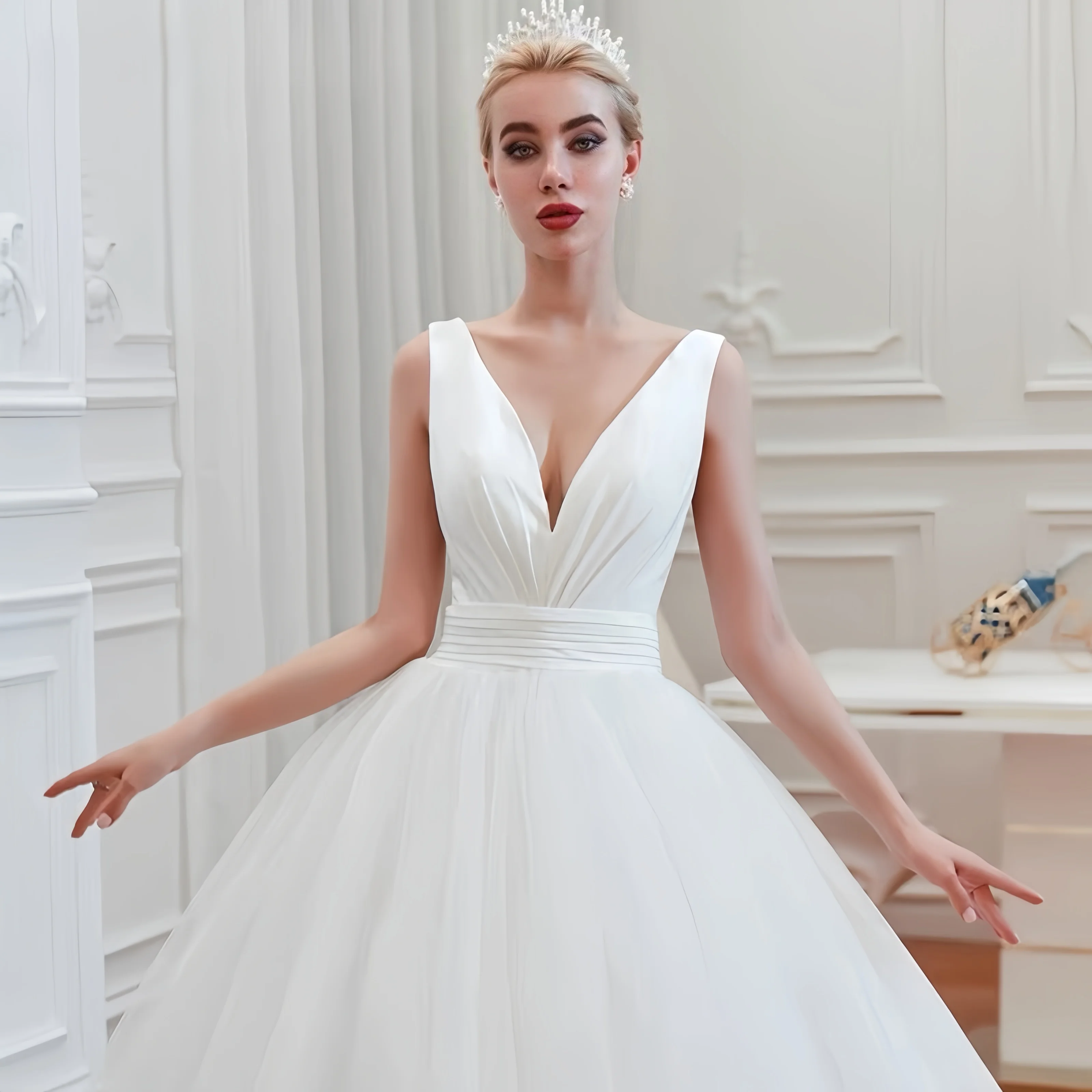 Personalizar para las mujeres con cuello en V elegantes vestidos de novia tul Organza espalda descubierta vestidos de novia