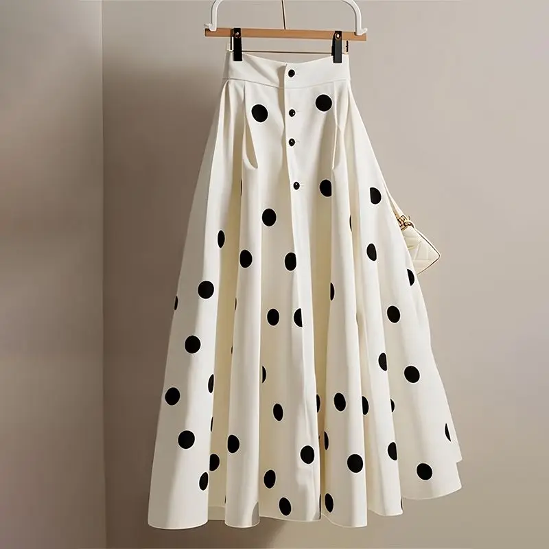 Gaganight White Polka Dot Breasted Waist Thin Skirt Early Autumn Women Clothing 2025 New Imperial Sister Style Skirts Bottoms