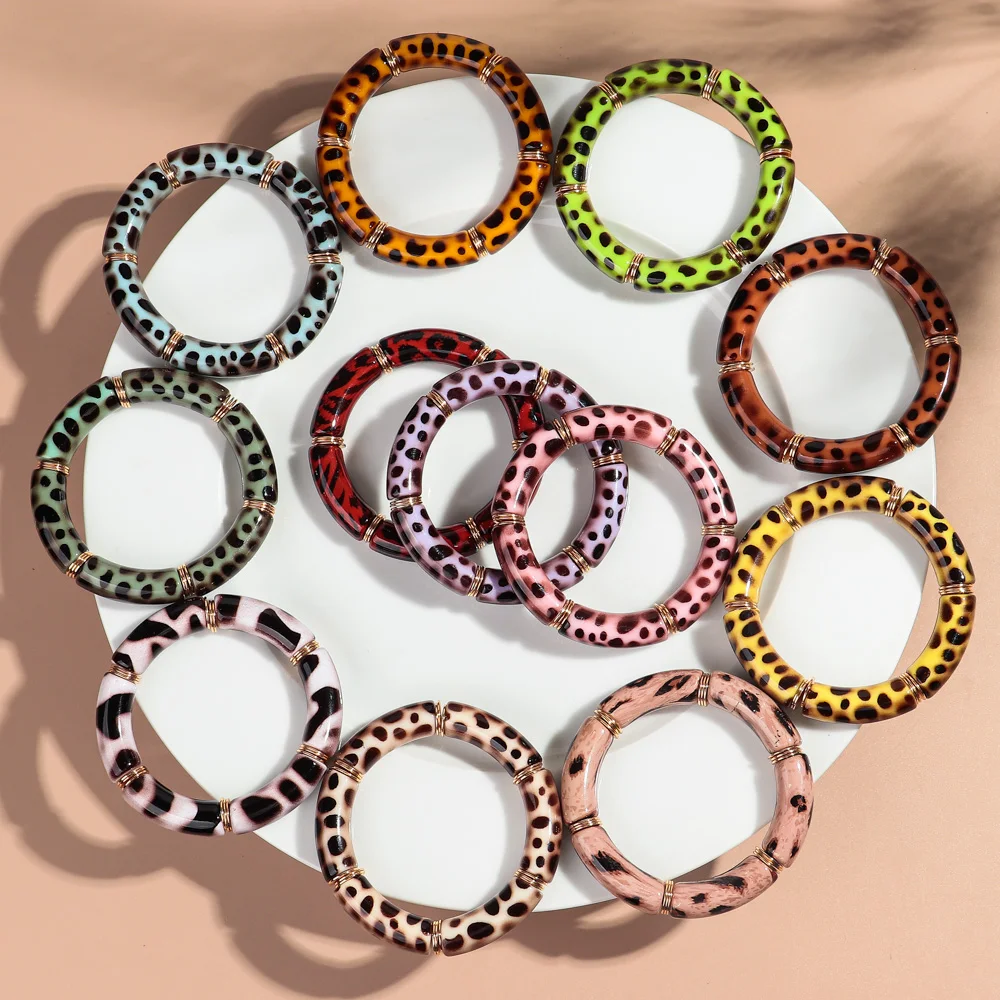 Vintage Acryl Leopard Elastische Gebogene Rohr Perlen Armbänder Neue Stretch Dicken Armreif frauen Mode Schmuck Geschenke – Detail 12