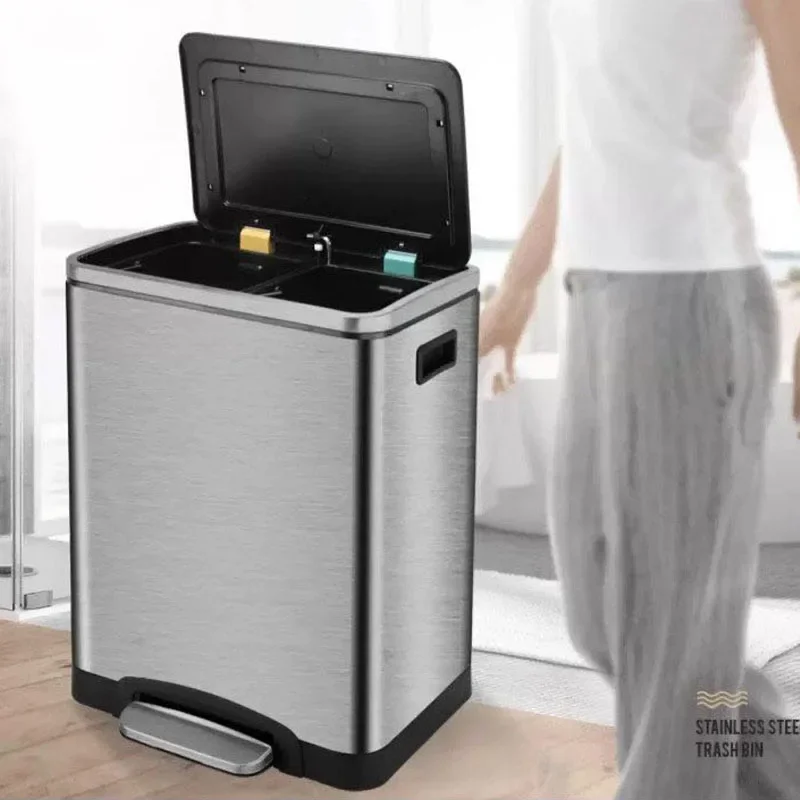 

Stainless Steel Recycling Trash Can, Foot Pedal Waste Bin with Soft Close, Kitchen Separation Dustbin for Home & Office