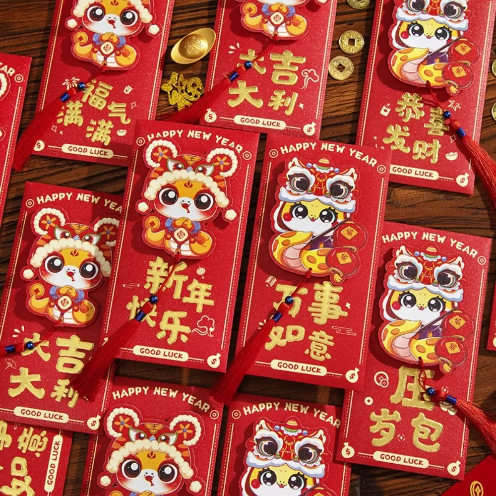 6pcs Chinese Style 2025 Snake Year Red Envelopes Traditional Blessing Lucky Money Bags Hongbao 3D New Year Money Pocket Bonus