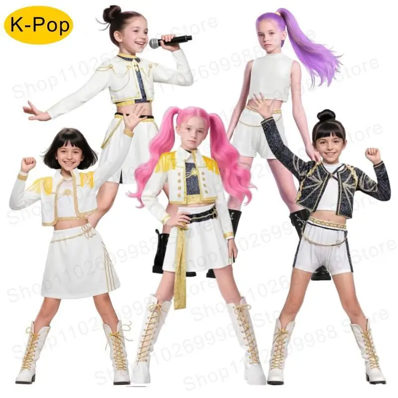 أزياء فيلم K Pop Demon Rumi Mira Zoey Hunter أزياء تنكرية للهالوين K-Pop شعر مستعار أيدول افتراضي فستان أبيض ملابس موحدة هدية