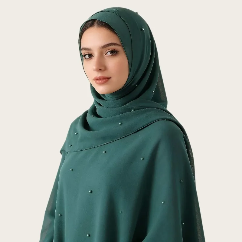 New ethnic style solid color pearl chiffon long scarf fashion ordering pearl decorative headscarf women's plain color headscarf
