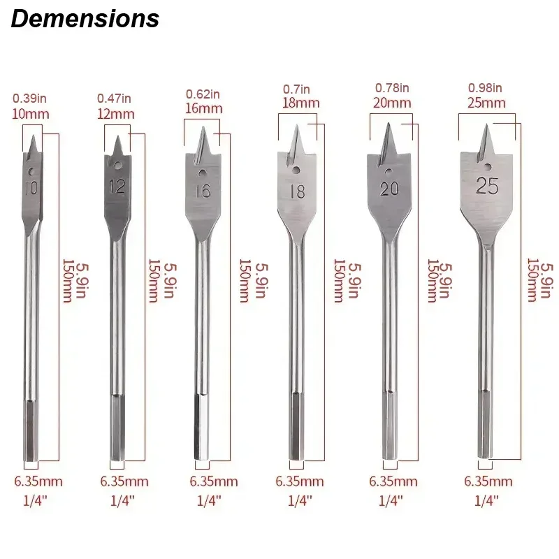6PCS High Carbon Steel Flat Boring Drill Bits Set With Double Cutting Edges For Accuracy Drilling In HandheldDrills