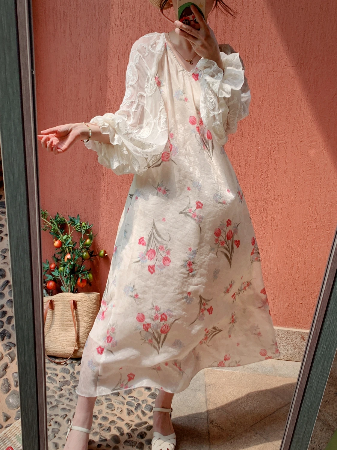 TIYIHAILEY الربيع الصيف المرأة الخامس الرقبة المطبوعة فستان ستان طويل الدانتيل فانوس كم موضة 2025 جديد طويل منتصف العجل السيدات ضمادة