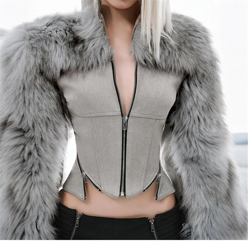 

Street Fashion Futuristic Gray Faux Fur Patchwork Jacket New Fall Winter Long Sleeve Zipper Slim Cardigan Plush Splice Short Top