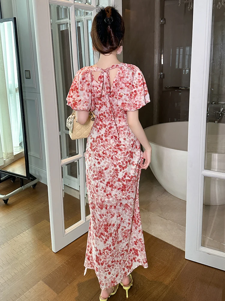 Summer Elegant Satin Floral Print A-Line Dress Women Clothes Casual Vintage Puff Sleeve Drawstring Slim Maxi Long Robe Vestidos