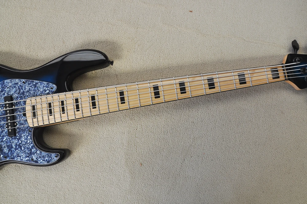 5 Strings Blue Electric Bass Guitar with Maple Fretboard,Gray Pearl Pickguard,Customized Logo/Color Available