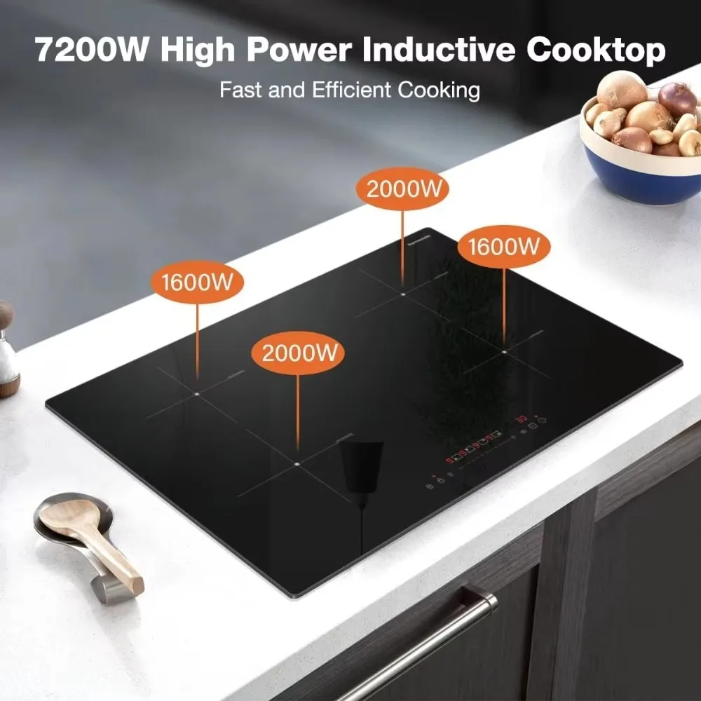 30 Inch Induction Cooktop, 7200W Built in Induction Stove Top, Electric Cooktop with 4 Boost Burner, 9 Heating Level,  240V