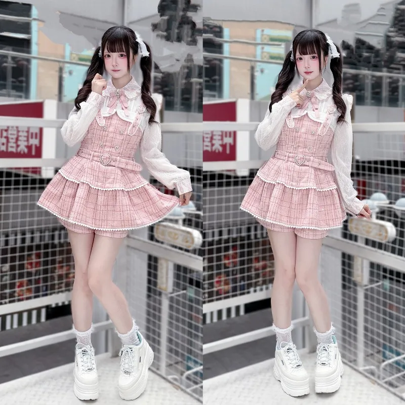 Japoński styl, koronkowa, urocza, czarna sukienka na ramiączkach w kratę z szortami, zestaw 2-częściowy Rojita, słodkie ubrania Y2k, nowy jesienno-zimowy komplet z długim rękawem.