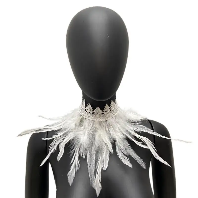 Women Natural Feather Shrug Shawl Fake Collar Gothic Shoulder Wrap Cape Collar with Lace Ties Cosplay Costume Party Scarf