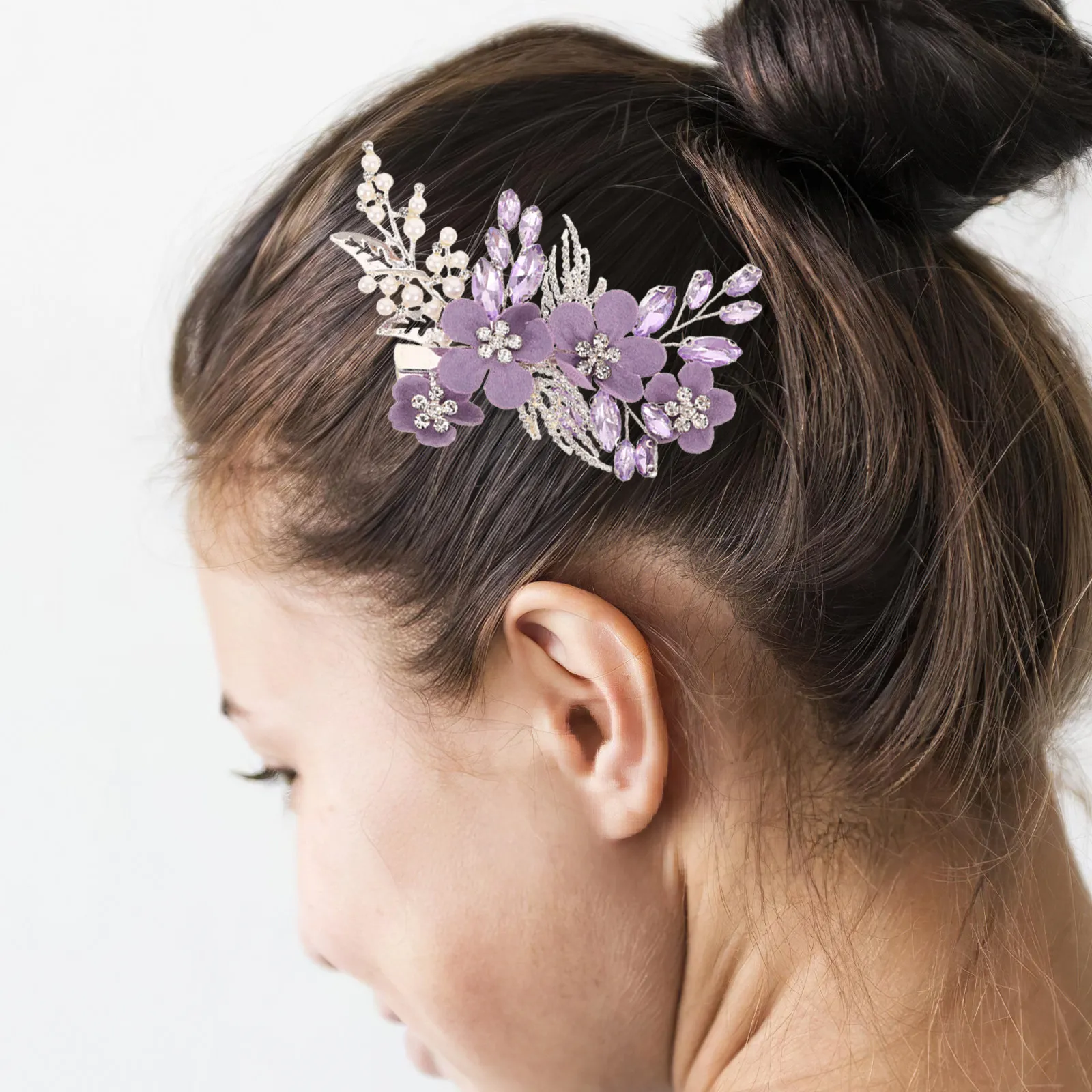 

Crystal Wedding Bridal Hair Clip Purple Flower Rhinestone Crystal Faux Pearl Hairpin Women Wedding Hair Accessories Bridesmaid