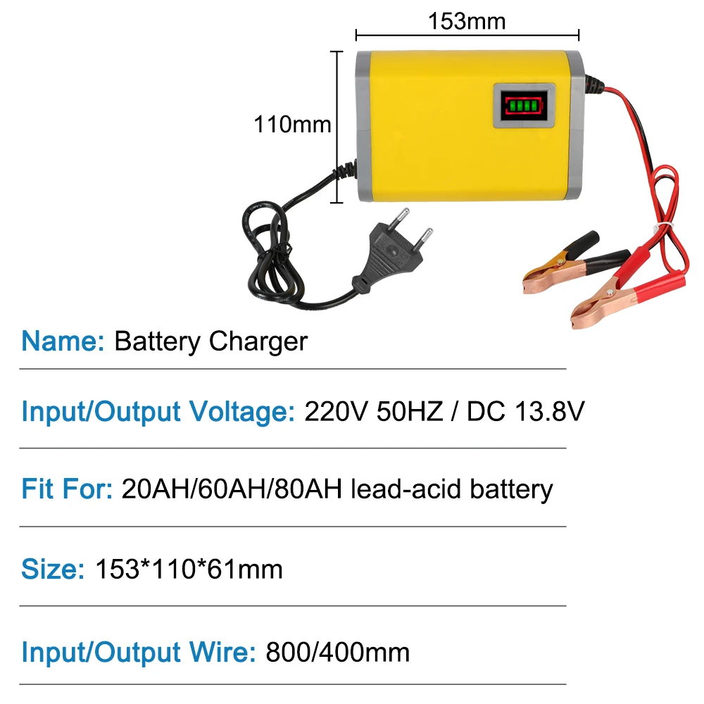 Smart Car Battery Charger AC 110-220V Input DC 12V 6A Output For 20AH/60AH/80AH Lead Acid Batteries