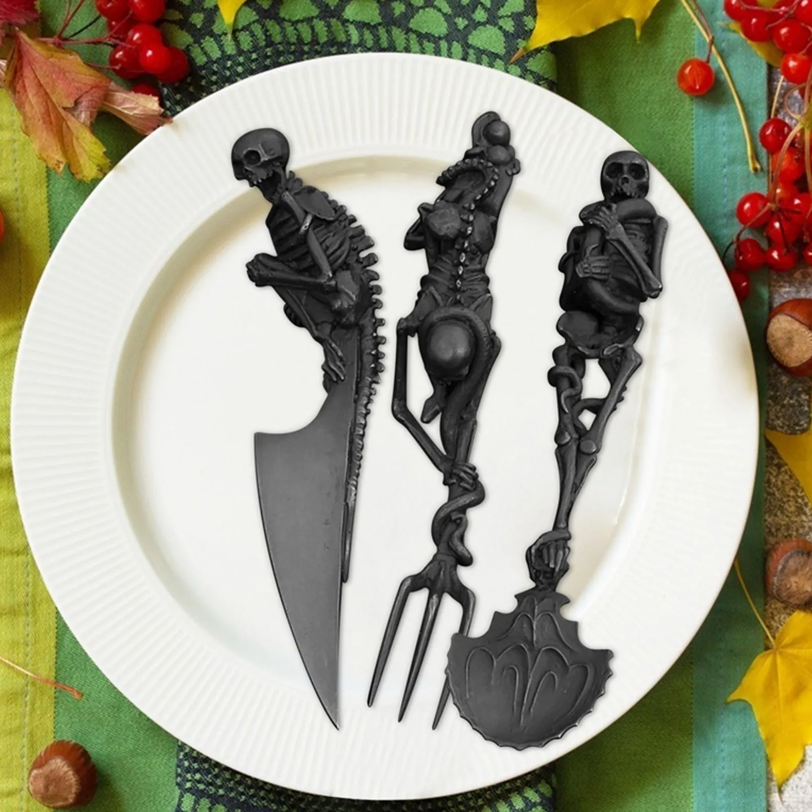 Skeleton Skull Zinc Alloy Cutlery Set Gothic Handle Knife, Fork and Spoon Set Witchy Halloween Tableware for Easter Gifts