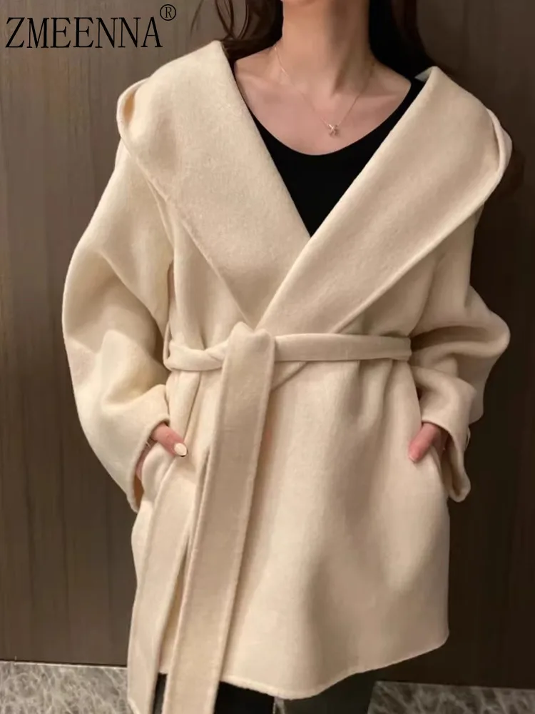 

ZMEENNA женское полушерстяное пальто большого размера с воротником с капюшоном и завязкой на талии, верхняя одежда, теплая элегантная осенне-зимняя бежевая ZM4459