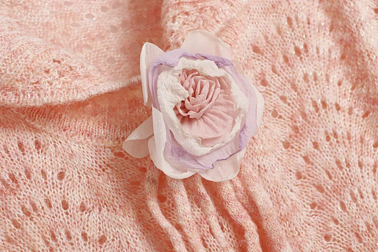 Roze gebreide maxi-jurk voor dames, hals met bloemkraag, lange uitlopende mouwen, lente-herfstjurken, gebreide jurk met opengewerkte golfpatroon