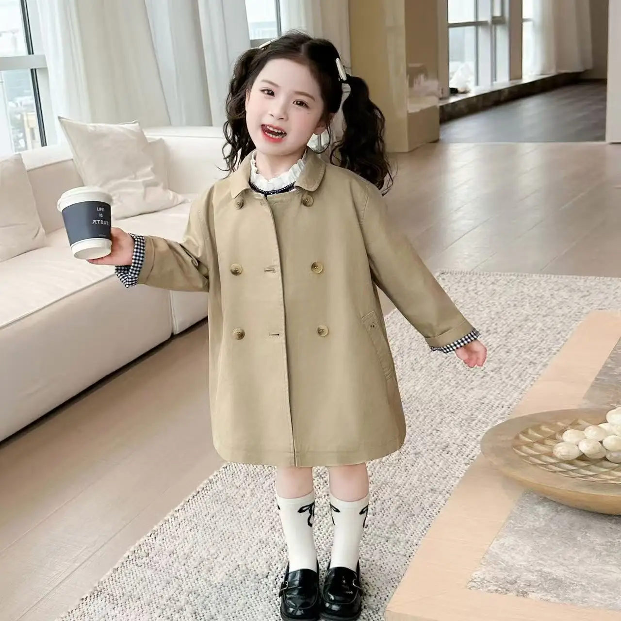 Girls' Korean Style British Style Medium Long Windbreaker Jacket for Spring 2026 New Stylish Children's Lapel Casual Coat