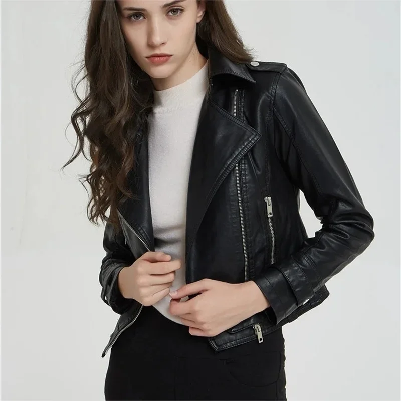 Jaqueta de couro da motocicleta feminina moda nova 2025 primavera outono casaco superior fino versátil couro do plutônio outerwear casaco feminino